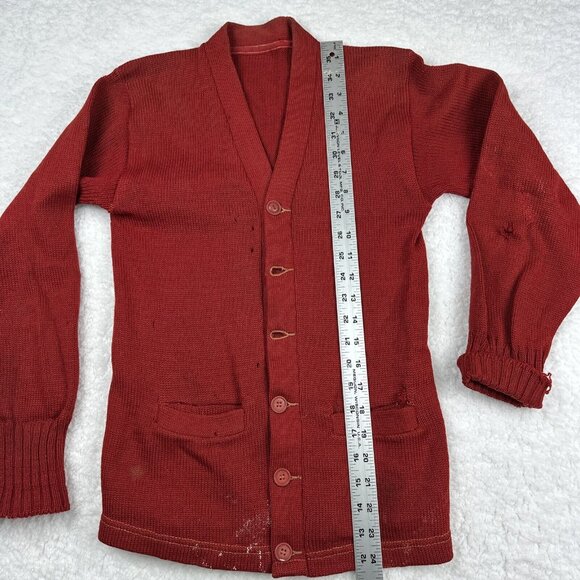 Vintage Wool Cardigan Sweater Distressed Brick Red Primitive 40s Varsity USA - Picture 13 of 16